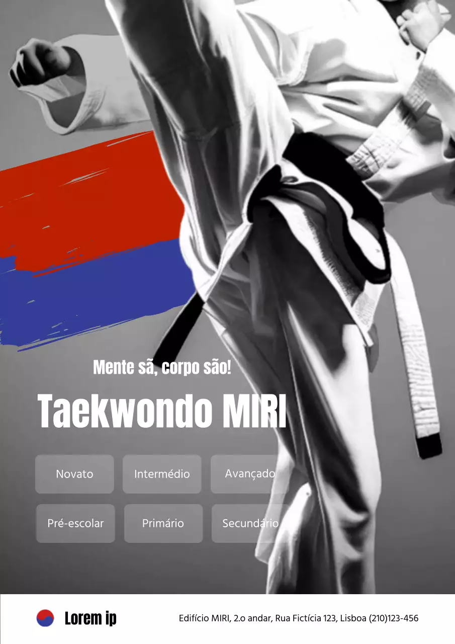 Anúncio de recrutamento de taekwondo preto e vermelho, estilo oriental