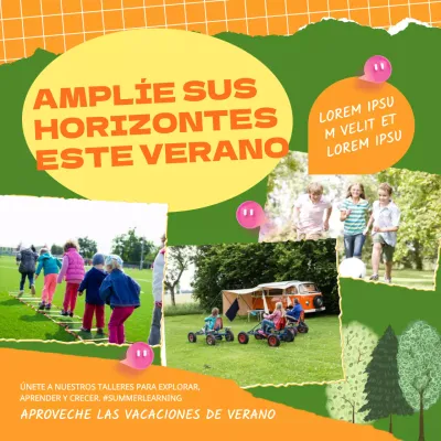Publicidad del taller de verano Trendy Kids en naranja y verde