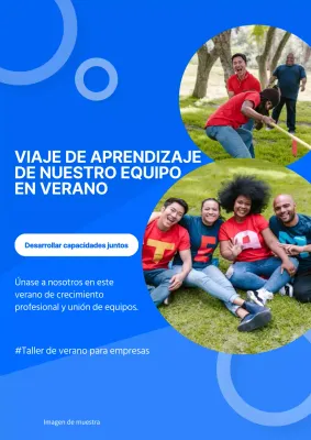 Anuncio de taller corporativo geométrico azul y blanco