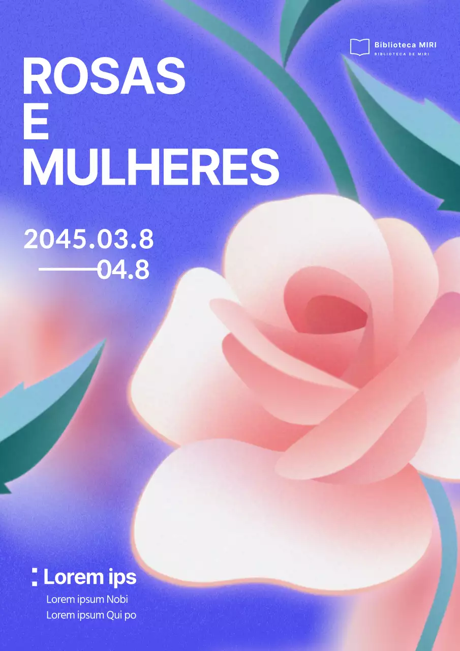 Ilustrações de rosas cor-de-rosa e azuis e promoção da Feira do Livro do Dia da Mulher