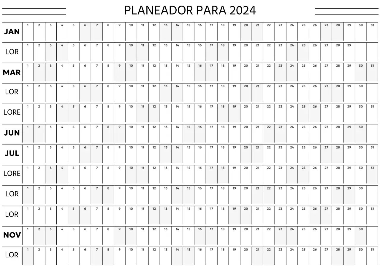 Um calendário anual simples e moderno a preto e branco