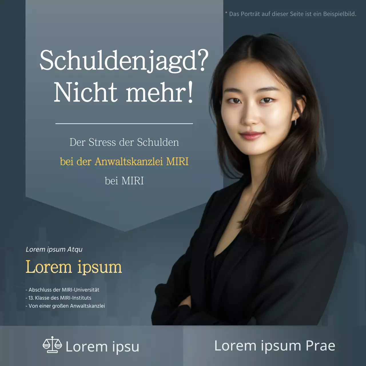 Eine moderne gelbe und marineblaue Anzeige für eine Anwaltskanzlei für Personenschäden.