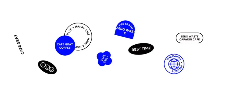 Simple cafe with blue-black shapes and text