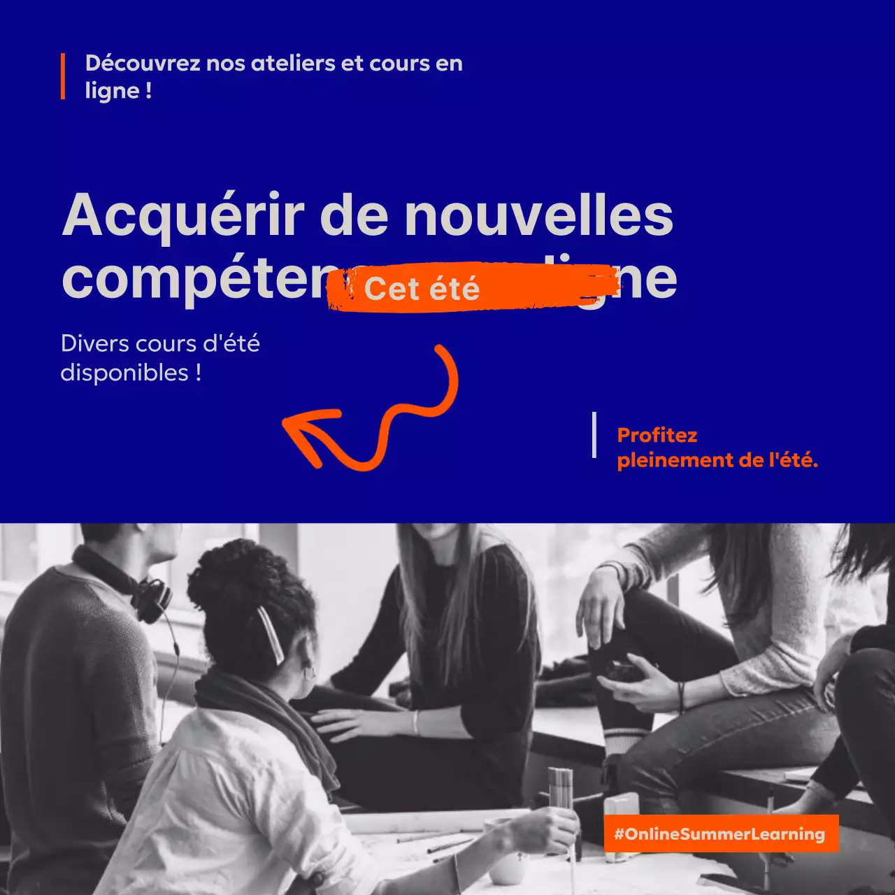 Promotion d'un atelier en ligne tendance bleu et orange