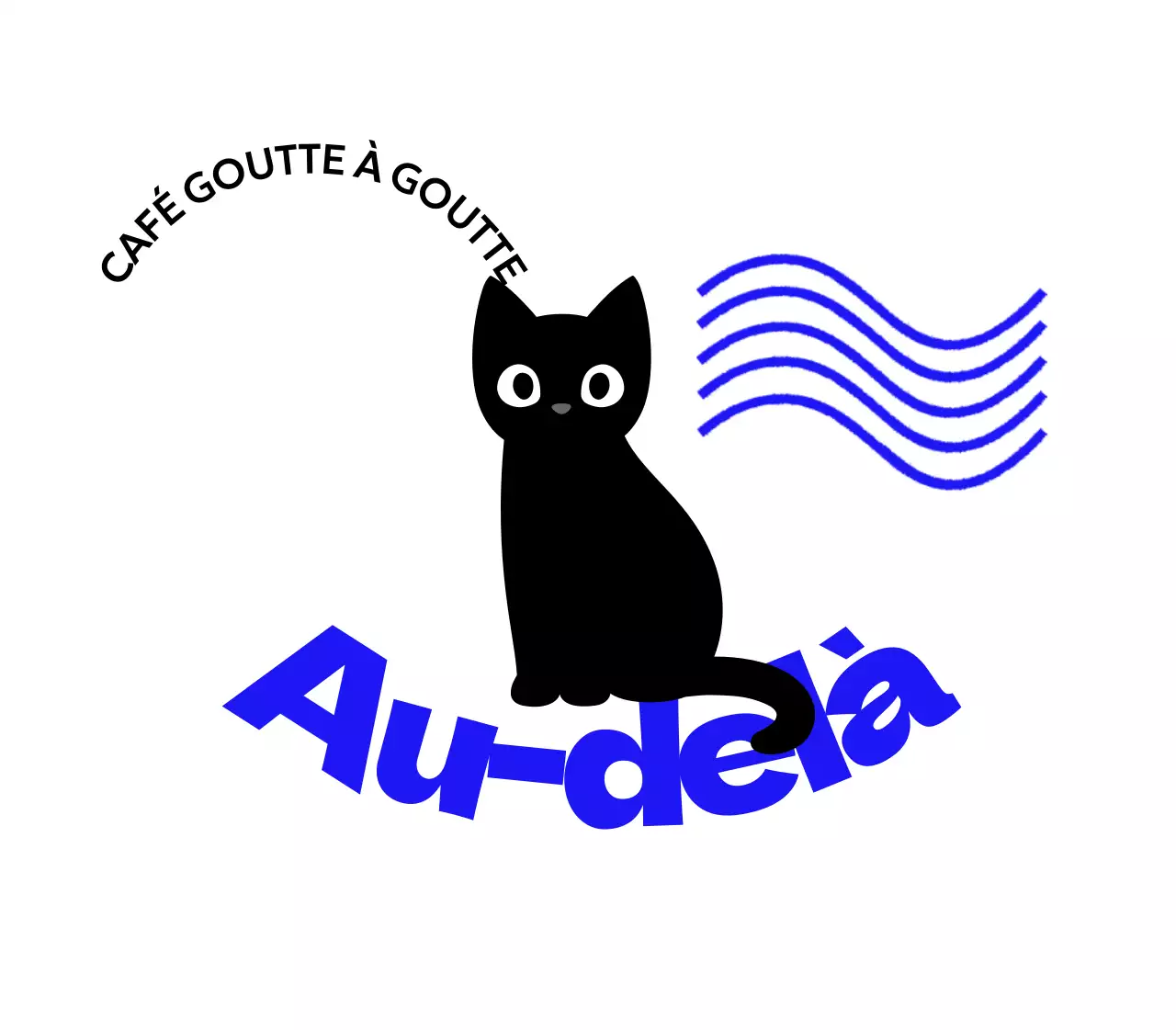 Marchandises de café avec des chats mignons, du texte bleu et des vagues