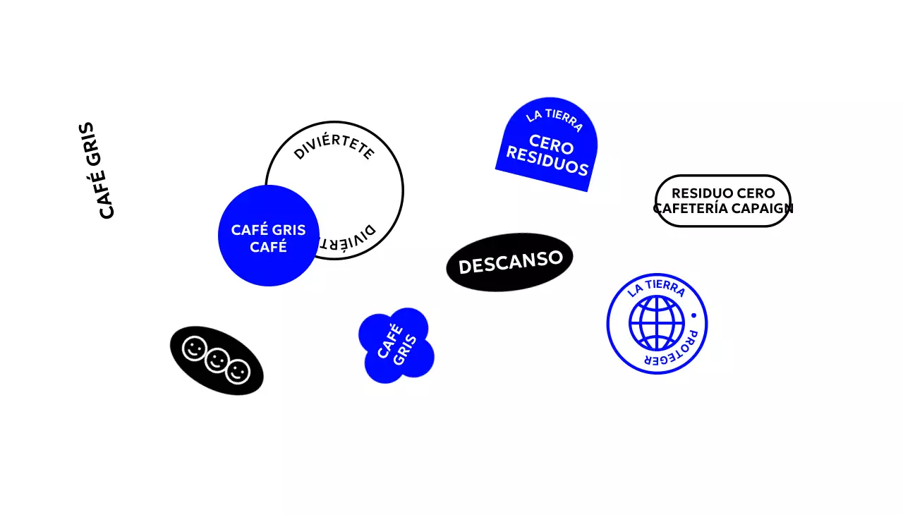 Cafetería sencilla con formas y texto en negro azulado