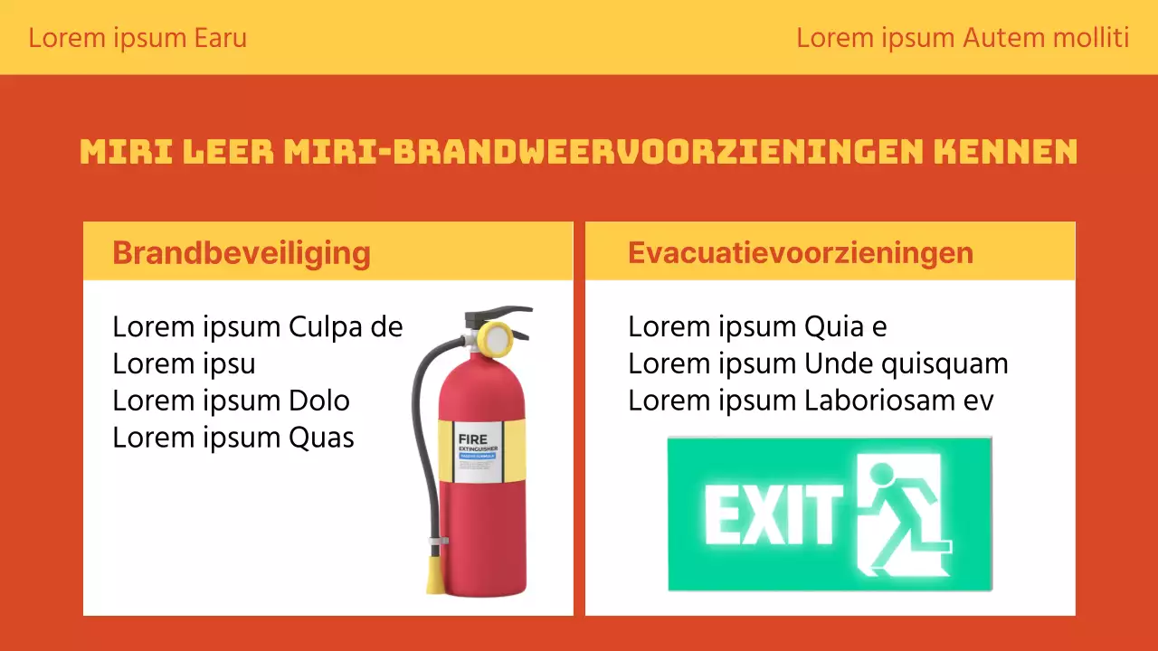 Oranje en geel legt brandveiligheidstraining op een leuke manier uit