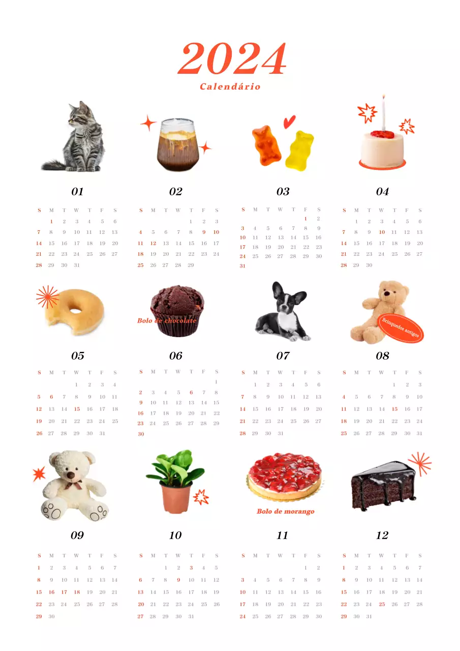 Calendário de uma folha com objectos coloridos