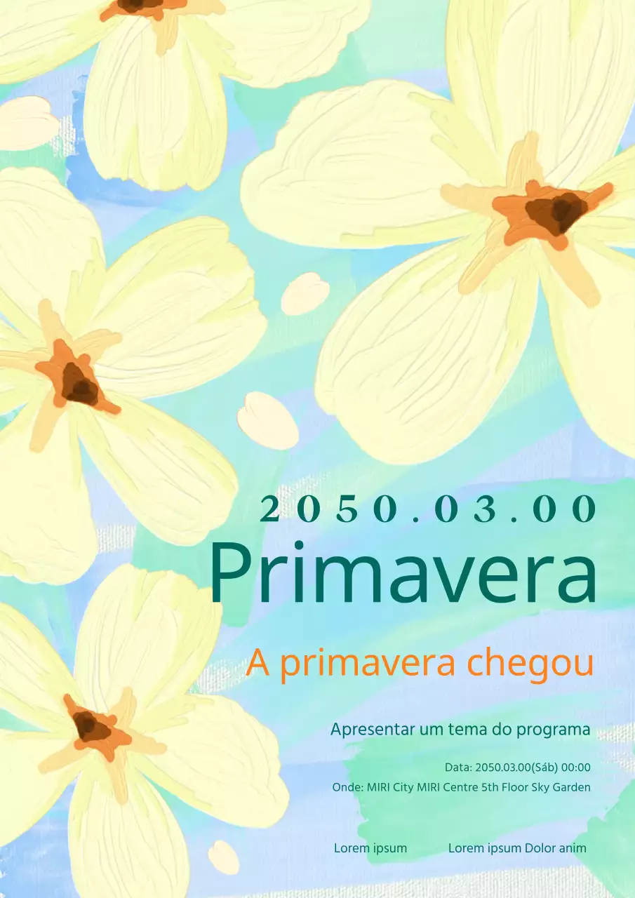 Promover um evento floral moderno de primavera em amarelo e azul celeste