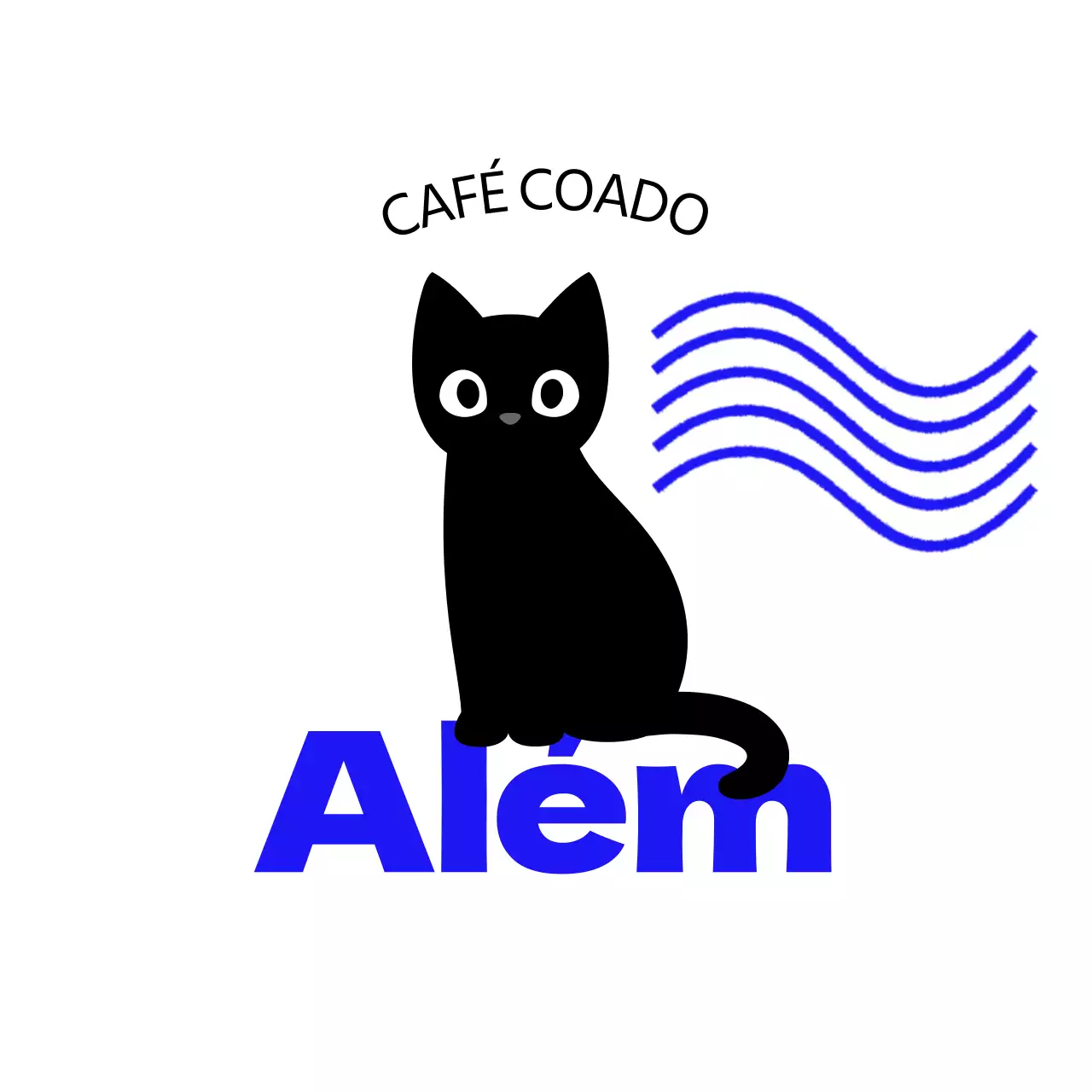 Produtos de cafetaria com gatos giros, texto azul e ondas