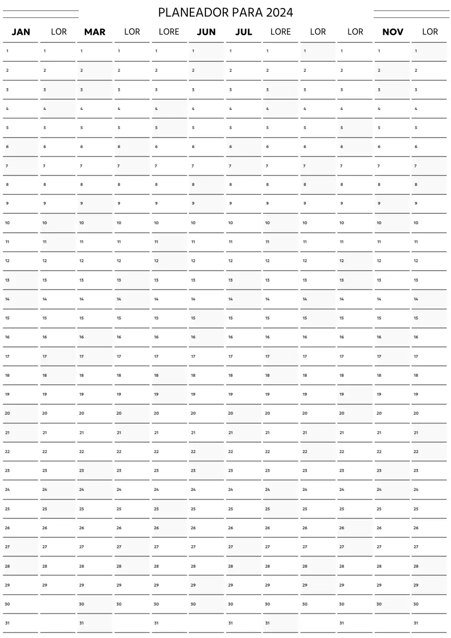 Um calendário anual simples e moderno a preto e branco