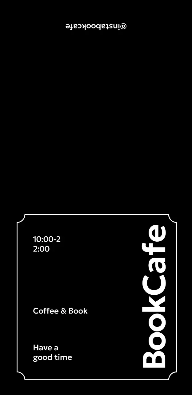 黒の背景と白の縁取り、コーヒーと本のイラストが描かれたシンプルな雰囲気のブックカフェ。