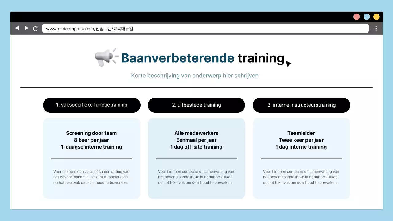 Eenvoudige oriëntatietraining voor nieuwe werknemers in lichtblauw en zwart