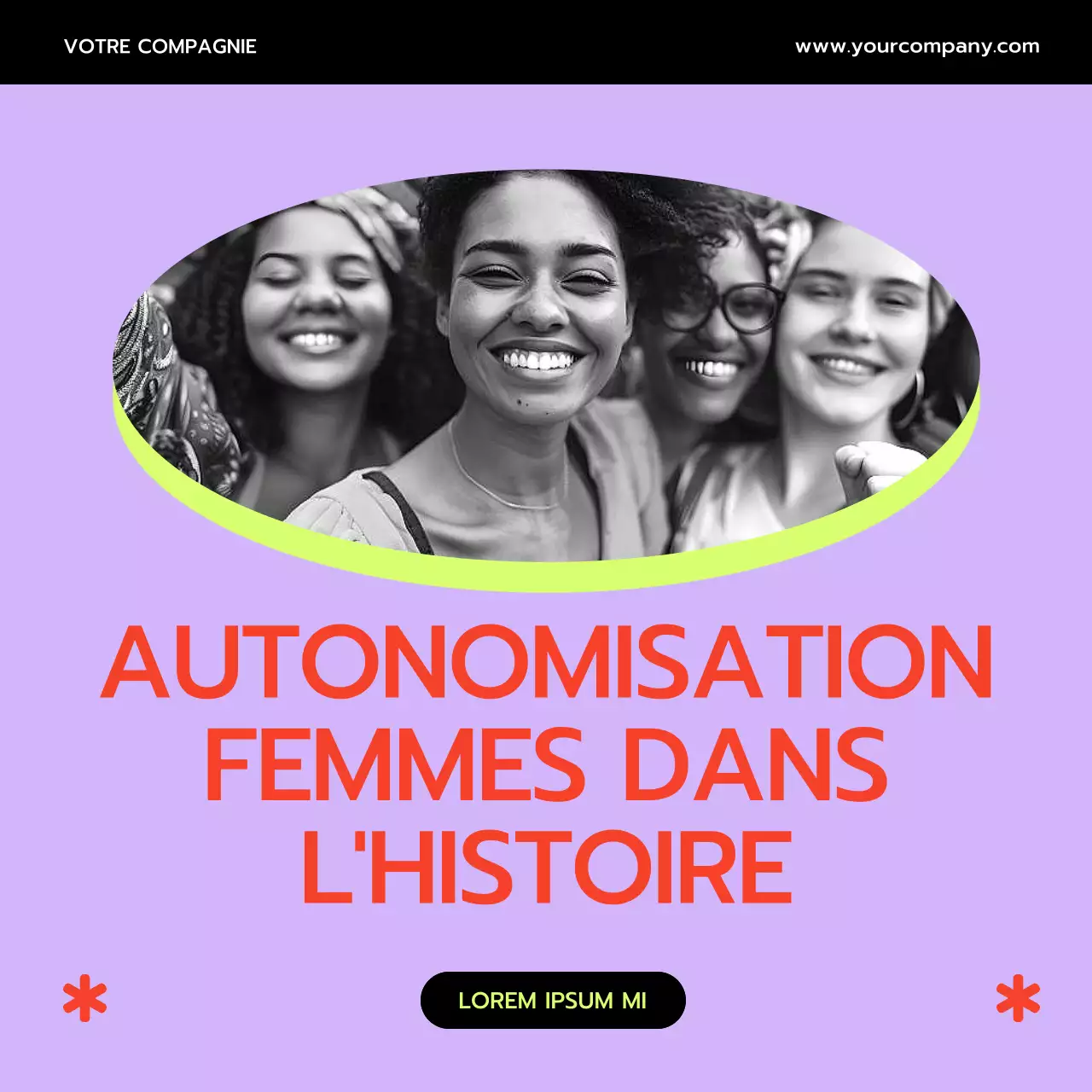 Publicité sur le thème du Mois de la femme en violet et jaune