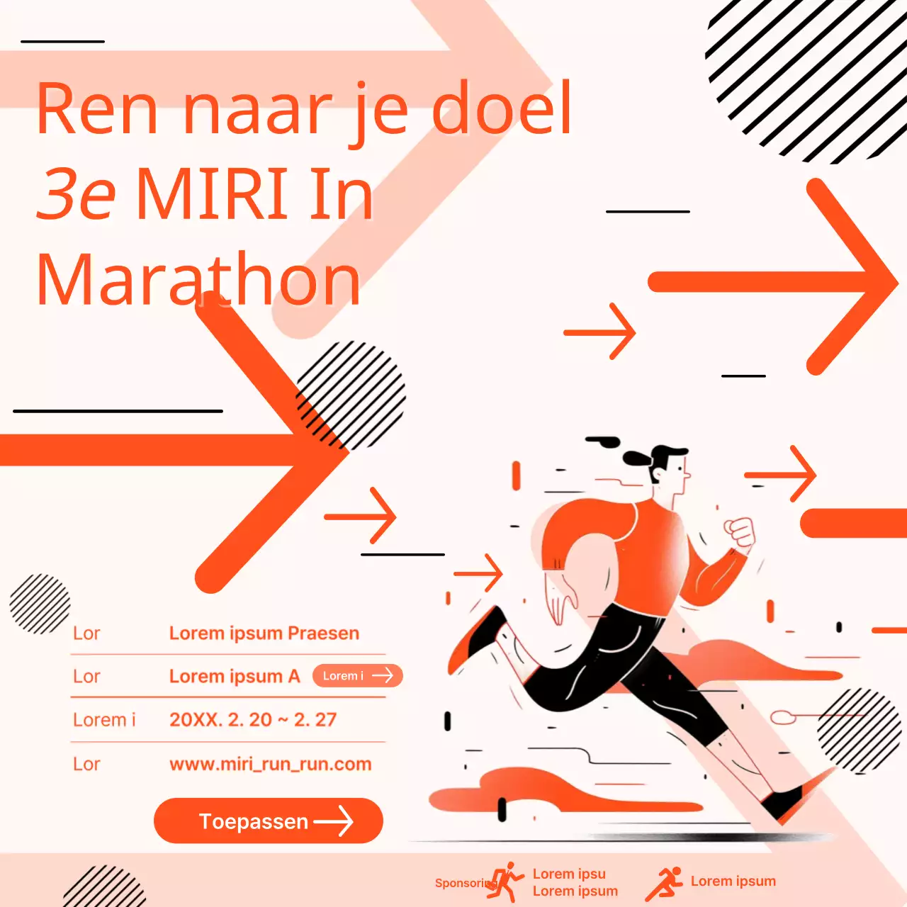 Promoot een oranje en zwarte geometrische bedrijfsmarathon