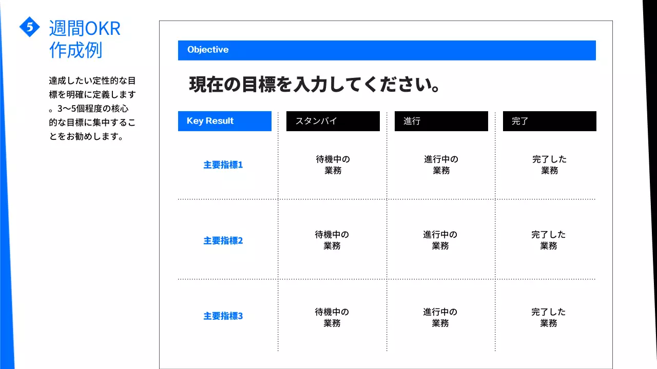 青色のモダンなOKR作成ガイド