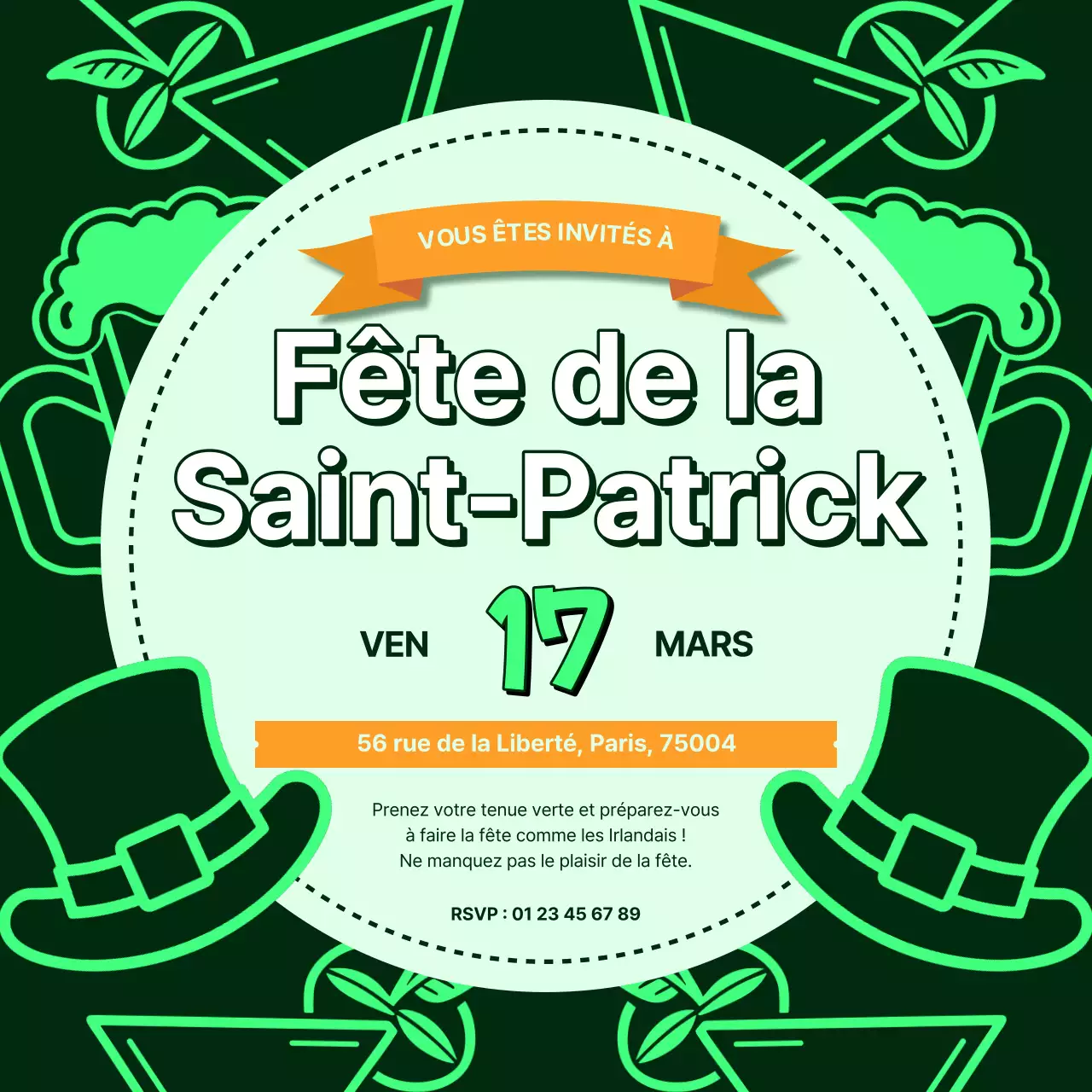 Invitation à la fête de la Saint Patrick en vert et noir