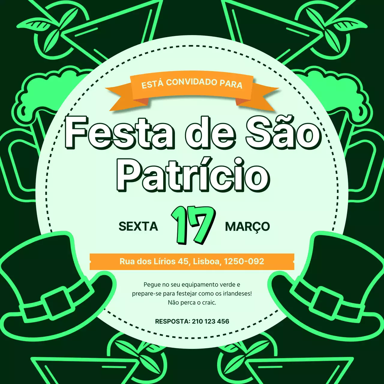 Convite verde e preto para a festa do Dia de São Patrício