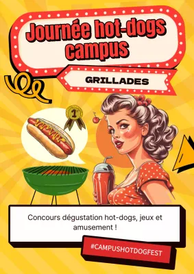 Publicité pour la journée des hot-dogs sur le campus rétro jaune et rouge