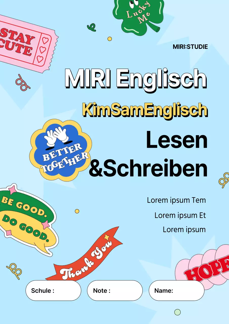 Kitschiges englisches Schulfragebuch mit hellblauem Hintergrund