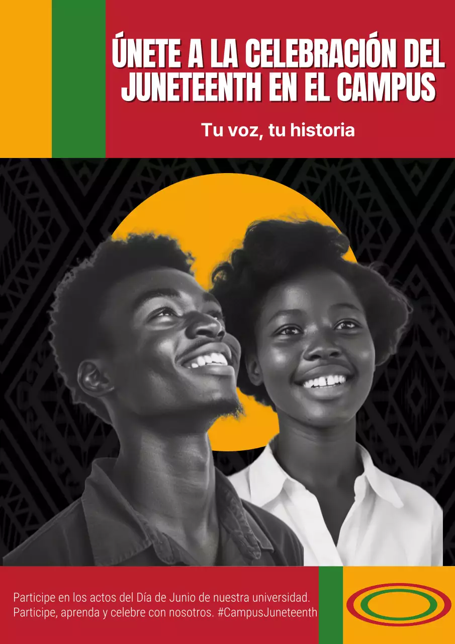 Anuncio de moda del evento Juneteenth en el campus en amarillo y negro