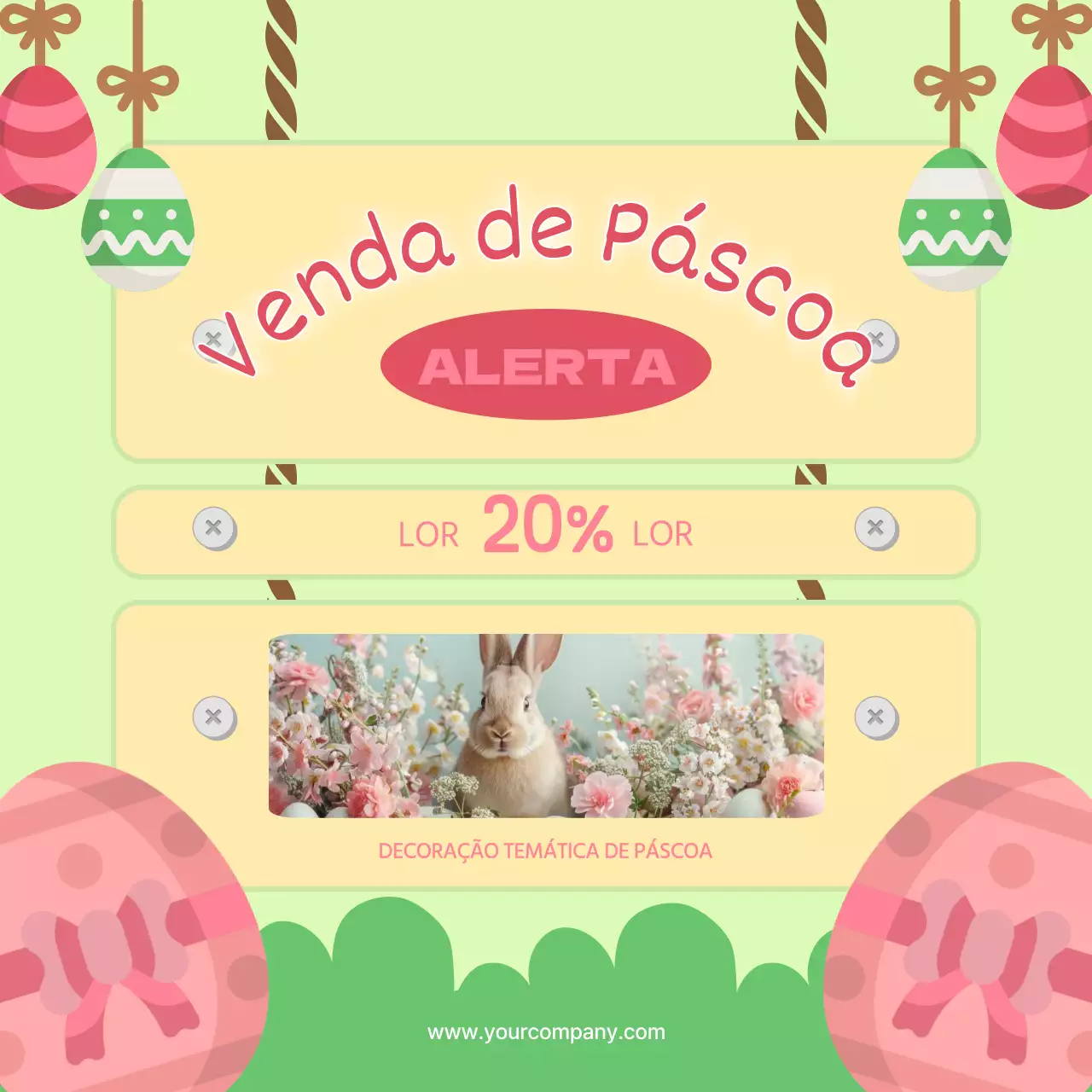 Promoção do evento de saldos de Páscoa com encanto amarelo e cor-de-rosa