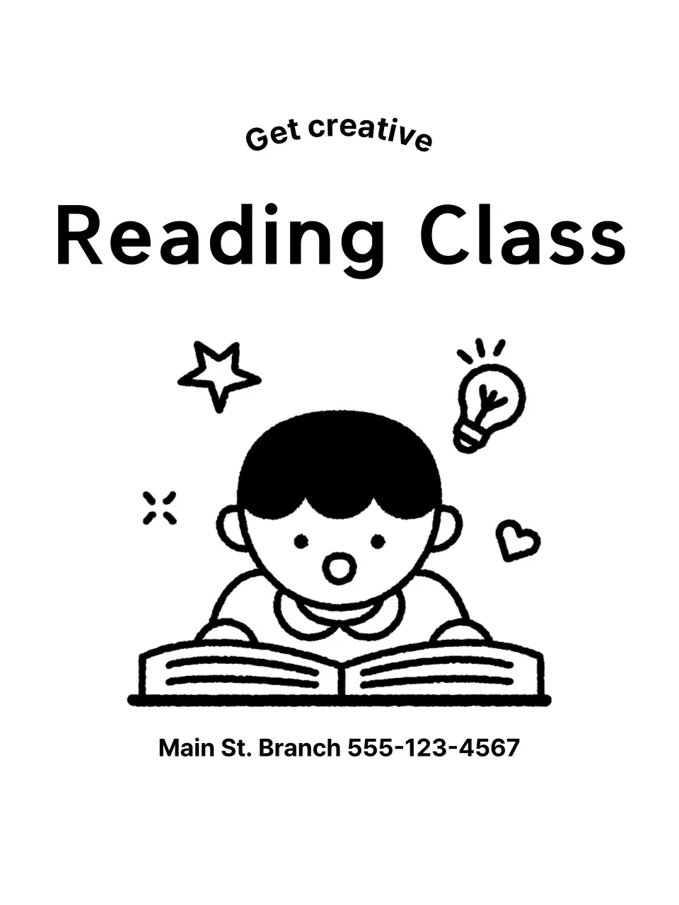 Desain promosi sekolah dengan ilustrasi seorang anak yang sedang membaca buku