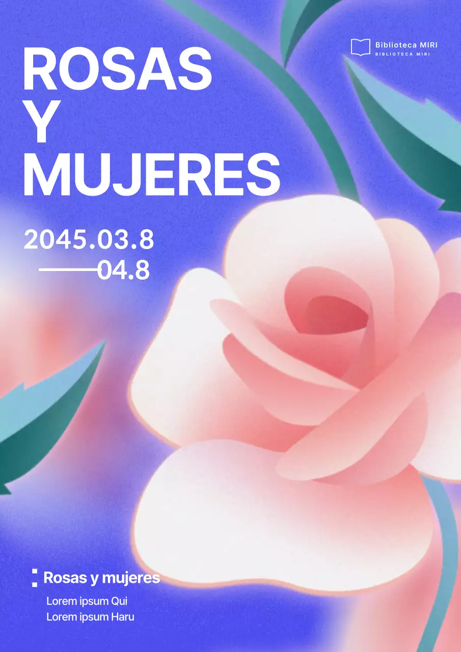Ilustraciones de rosas rosas y azules y promoción de la Feria del Libro del Día de la Mujer
