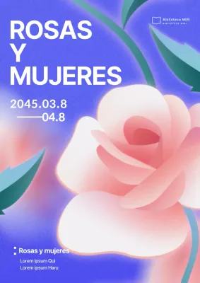Ilustraciones de rosas rosas y azules y promoción de la Feria del Libro del Día de la Mujer