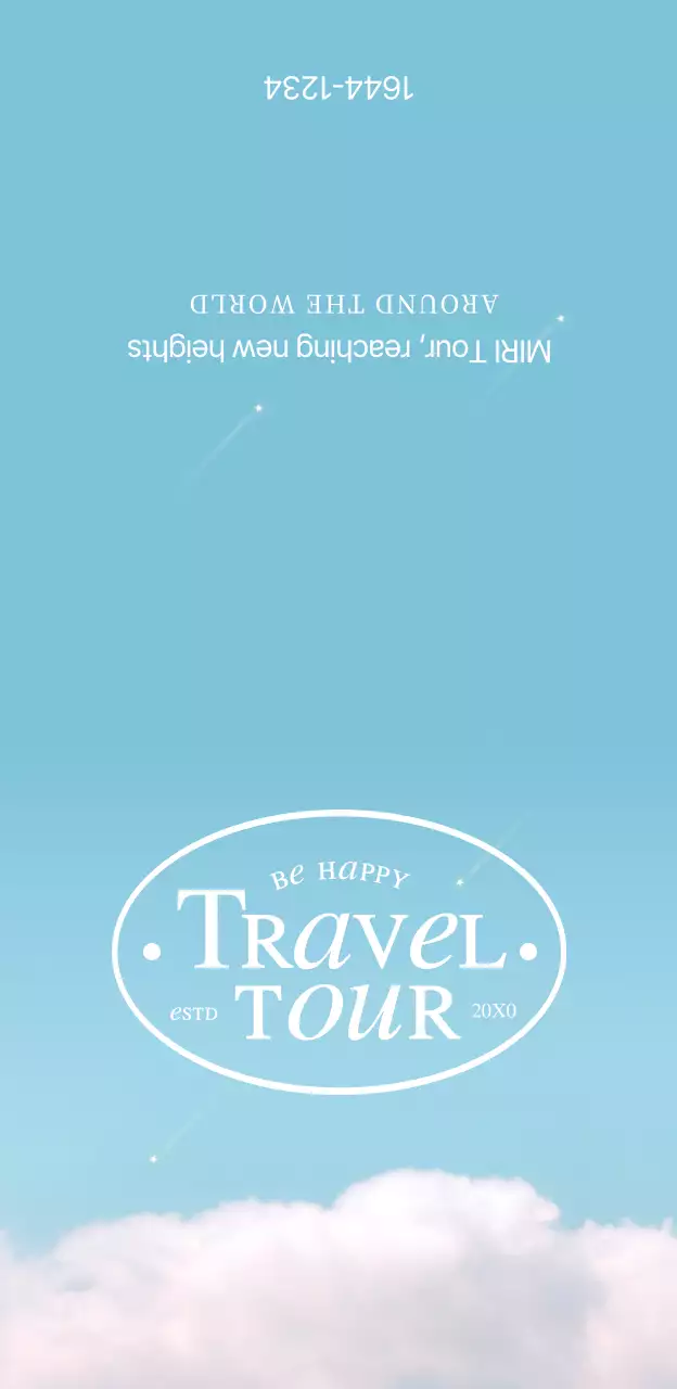 Travel agency merchandise with clouds and light blue background with stars and serif fonts