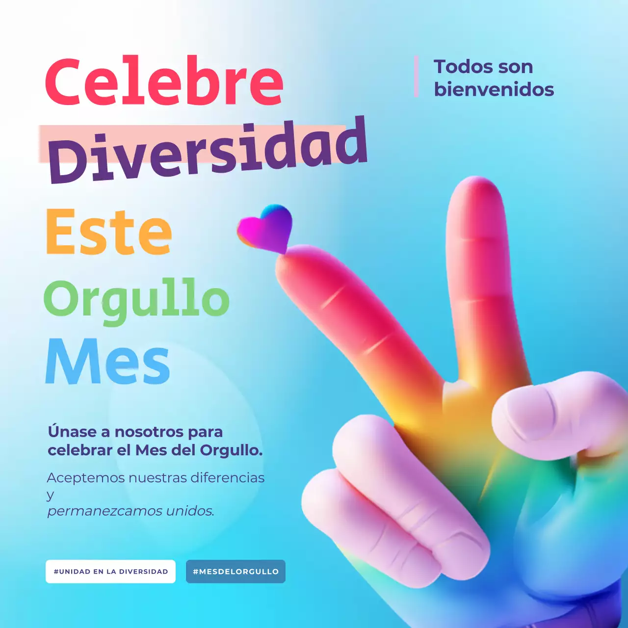 Anuncio del Mes del Orgullo de la Diversidad en azul cielo y arco iris