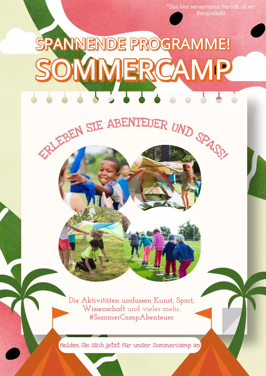 Rosa und grüne tropische Sommercamp-Werbung