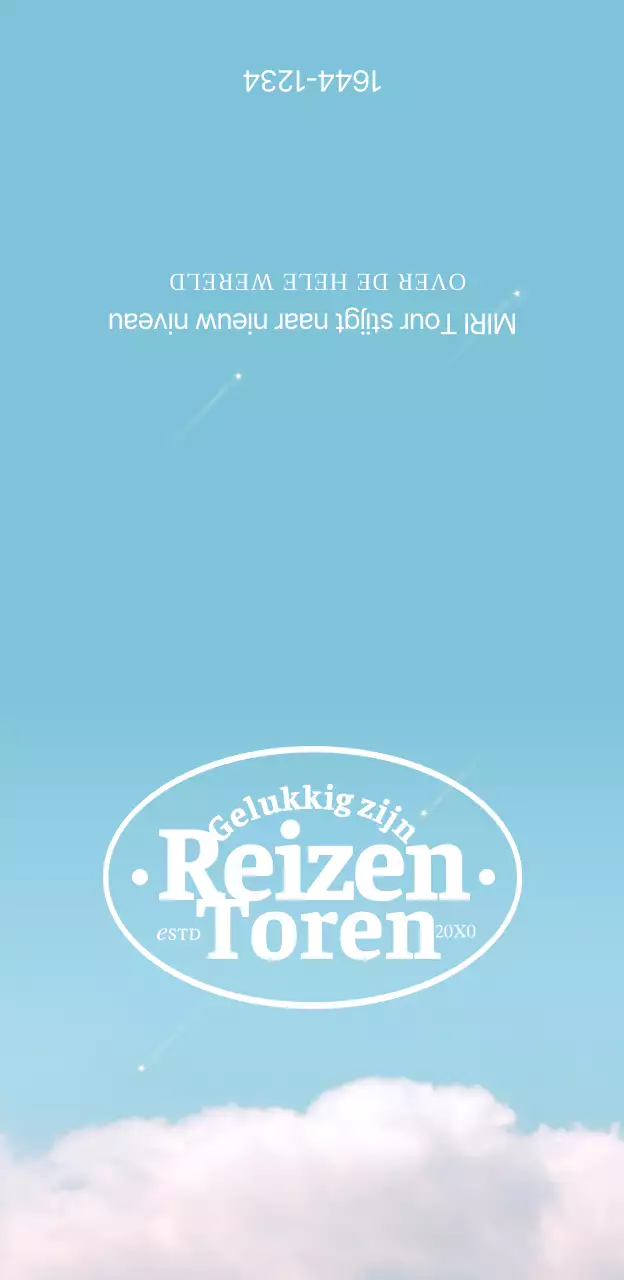 Reisbureau merchandise met wolken en lichtblauwe achtergrond met sterren en schreefletters