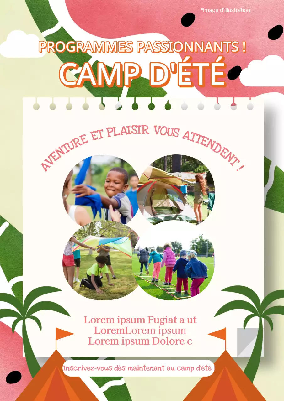 Publicité pour une colonie de vacances tropicale rose et verte