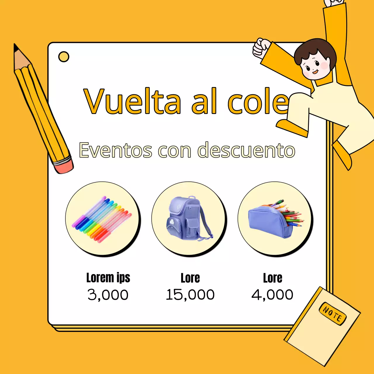 Anuncio sencillo de rebajas de vuelta al cole en amarillo y naranja