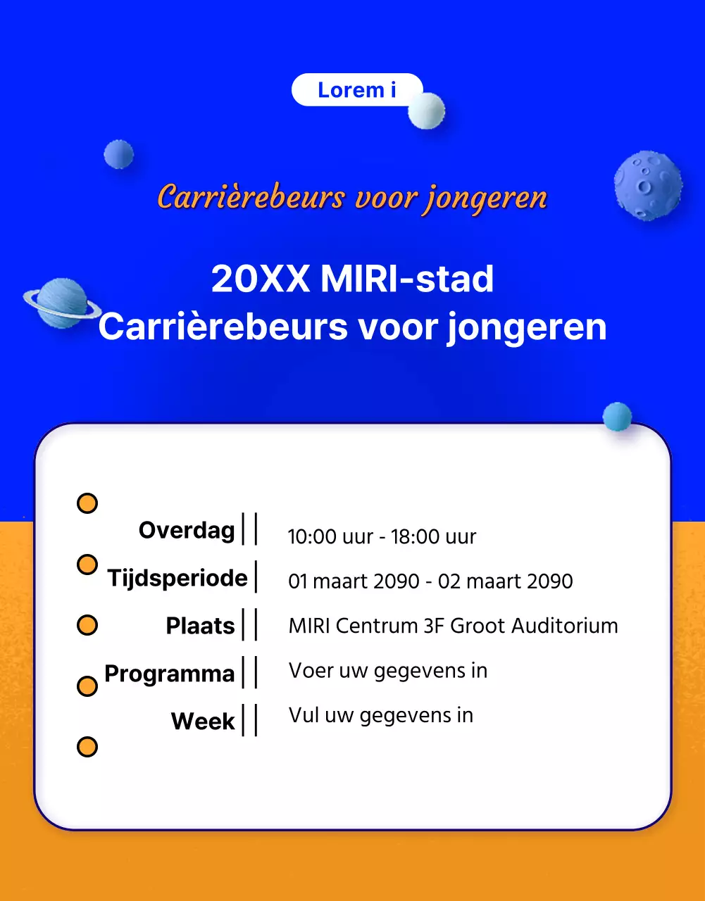 Een op blauw en oranje sci-fi geïnspireerde carrièrebeurs promoten