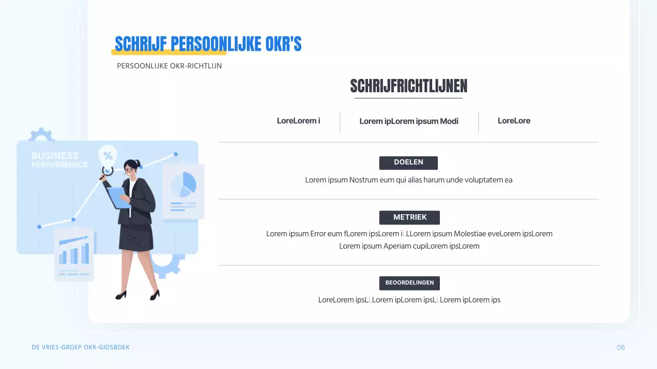 Een moderne OKR-gids in blauw en geel Trainingsmateriaal