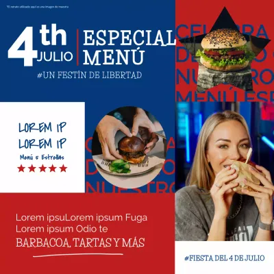 Promociona un menú especial del 4 de julio en azul y rojo
