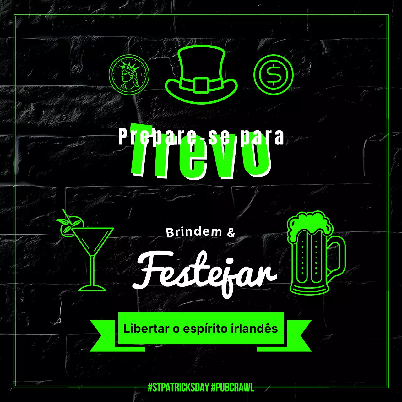 Anúncio de celebração do Dia de São Patrício com brilho verde néon