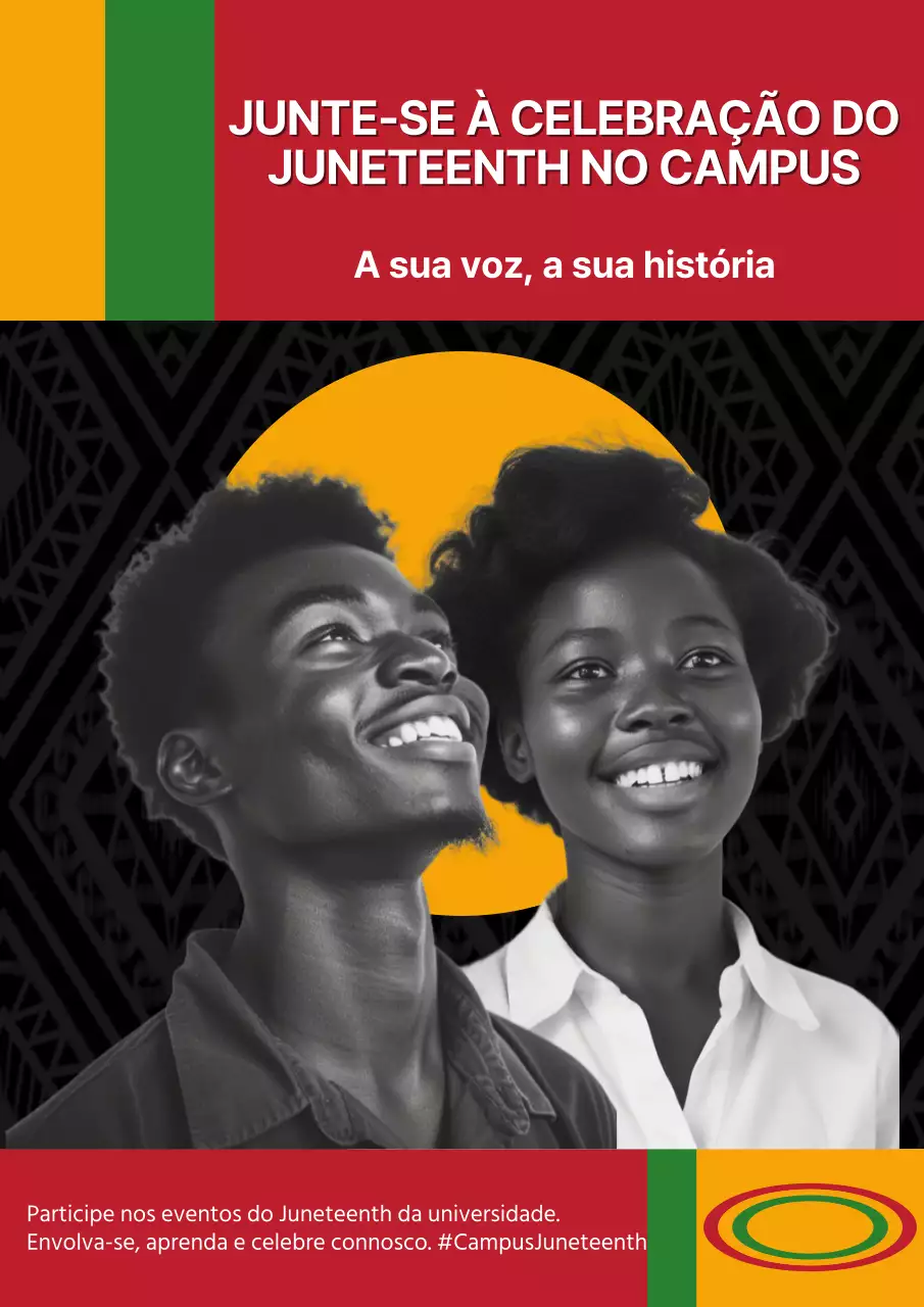 Anúncio do evento do Juneteenth no campus da moda em preto e amarelo