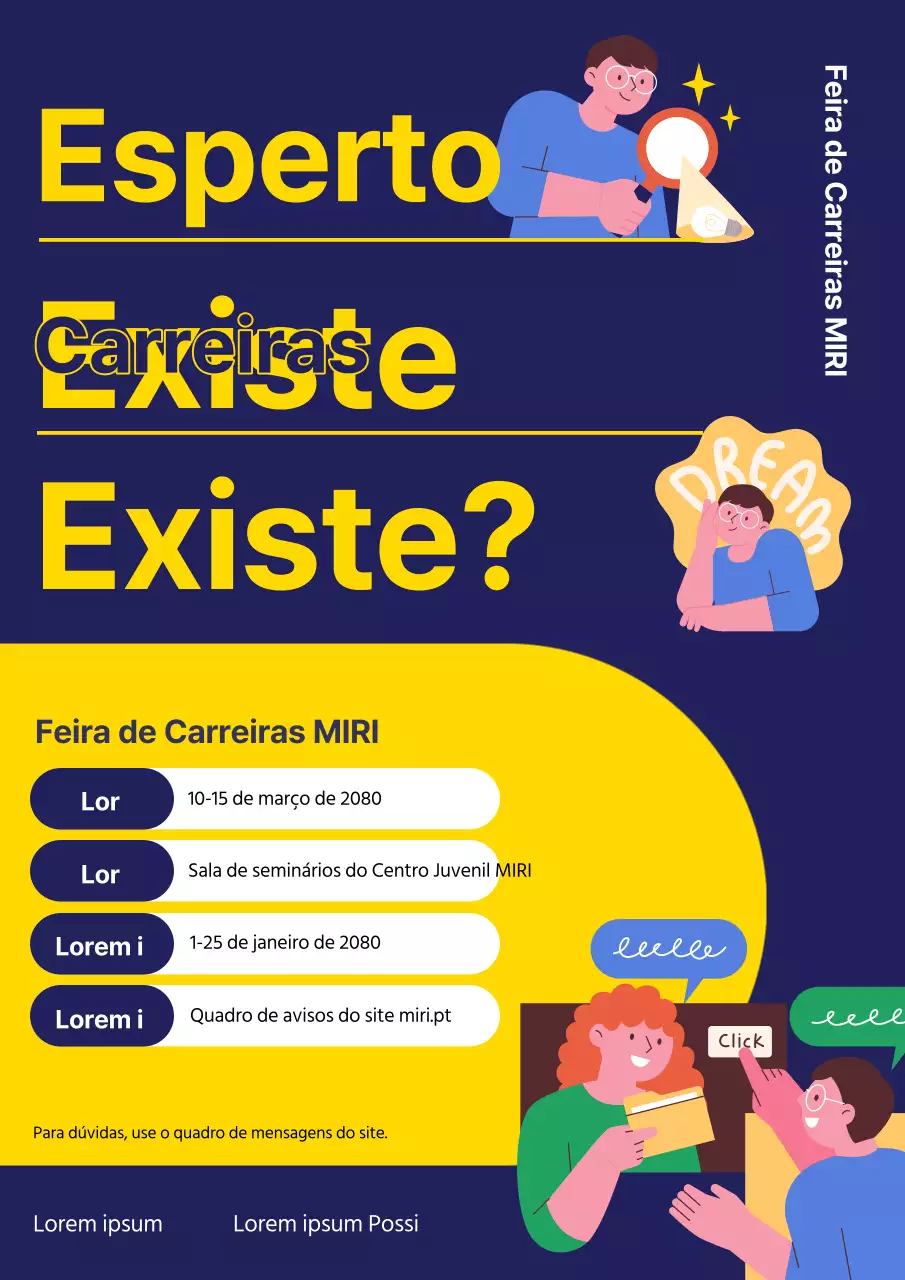 Promover um seminário simples de exploração de carreira em azul-marinho e amarelo