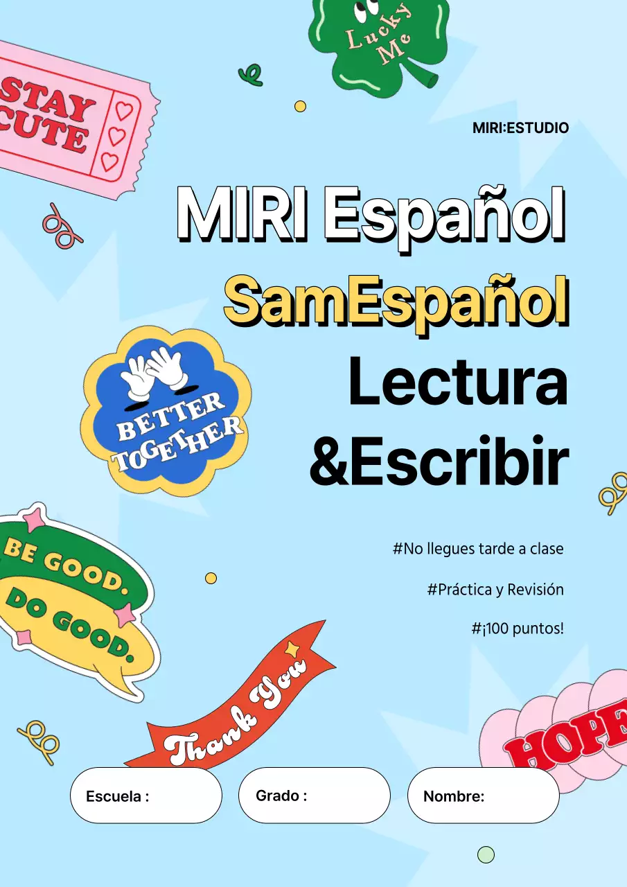 Kitschy libro de preguntas de la escuela Inglés con un fondo azul claro