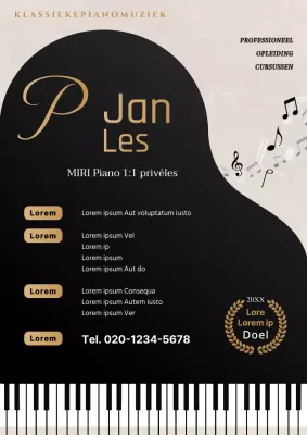 Klassieke piano privéles advertentie in zwart en goud