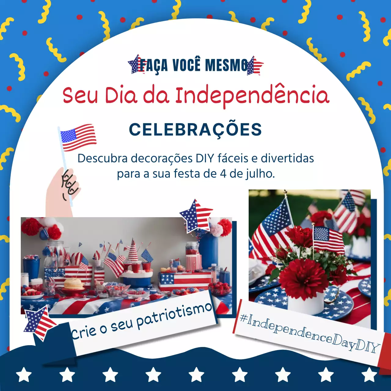 Anúncio de celebração do Dia da Independência em azul e vermelho Kitsch