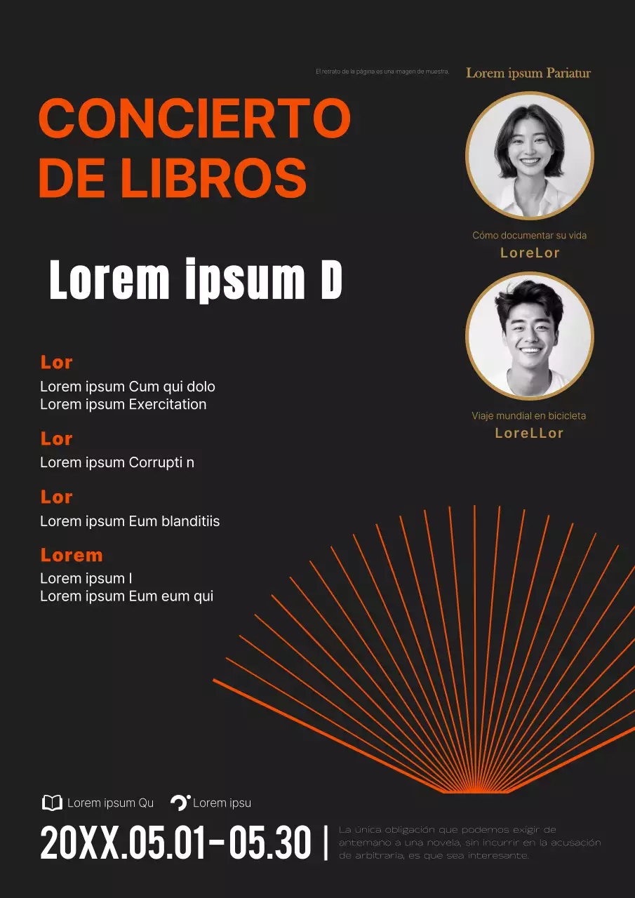 Promoción de concierto de libro moderno con foto del autor en negro y naranja