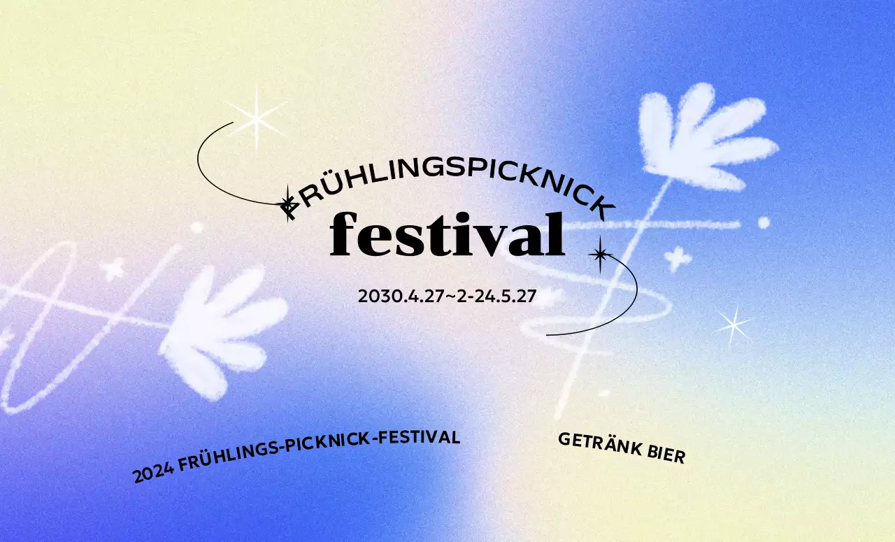 Ein farbenfrohes Konzeptfestival mit einem bunten Farbverlaufshintergrund und handgemalten Blumen und Glitzer