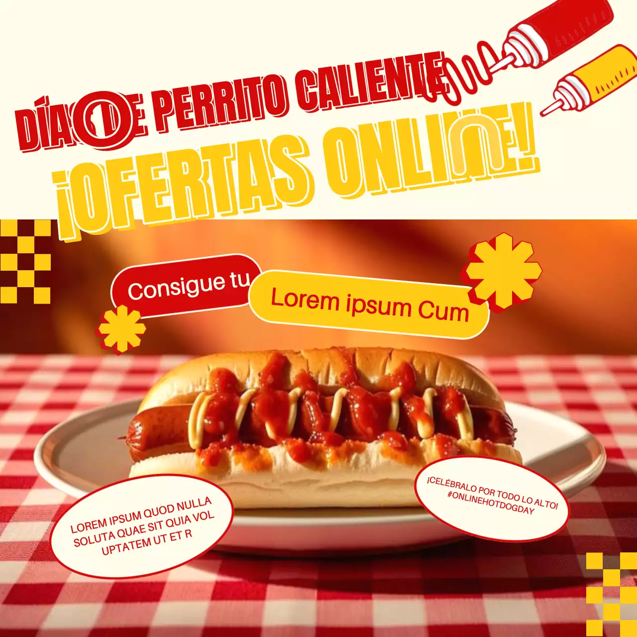 Anuncie un evento de venta de perritos calientes retro rojos y amarillos