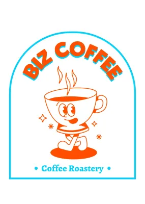 Ilustrasi karakter kopi berwarna biru-merah