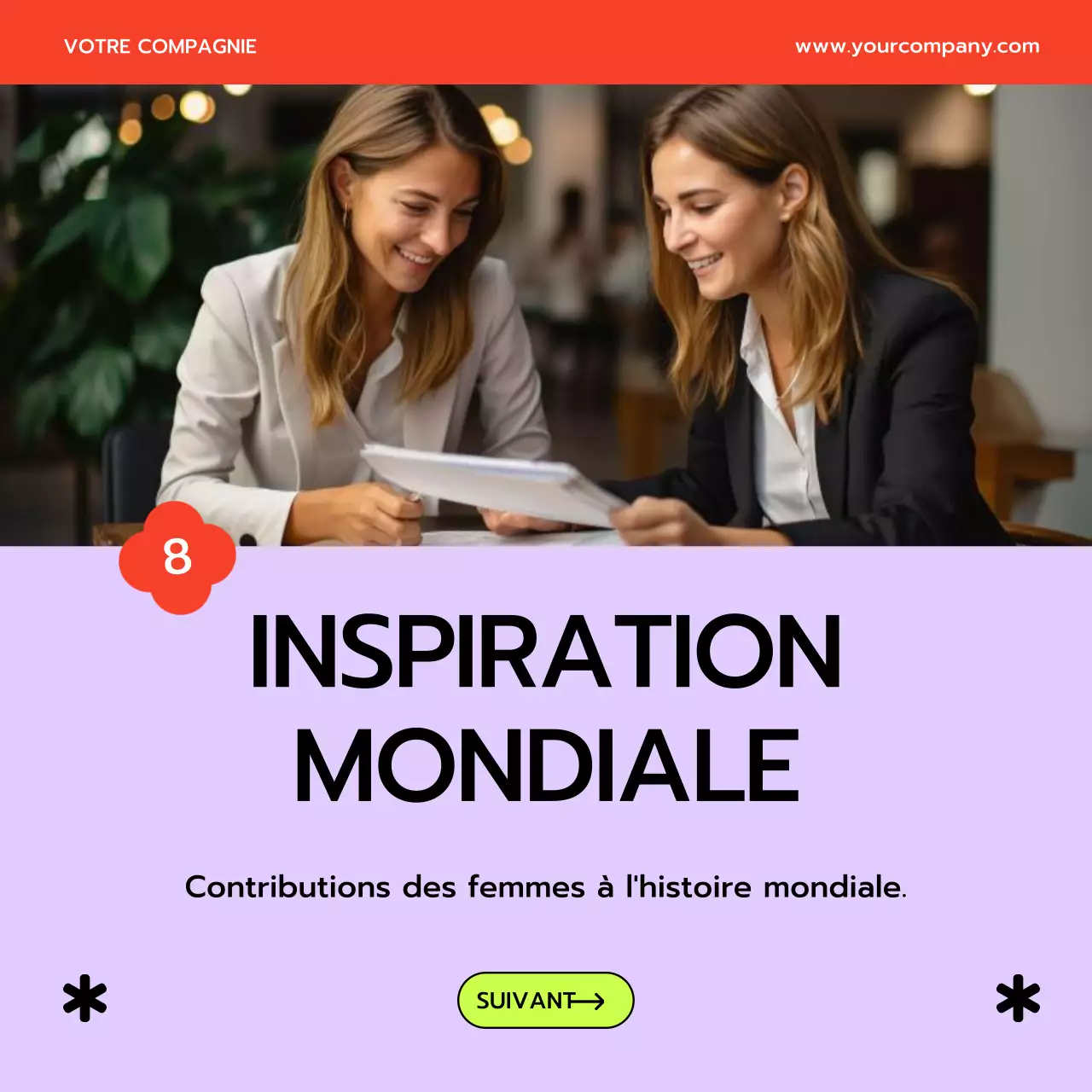 Publicité sur le thème du Mois de la femme en violet et jaune