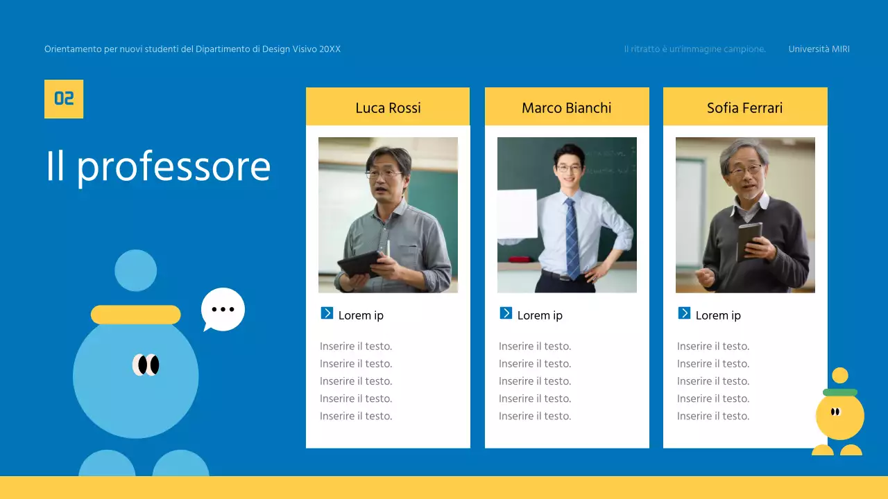 Materiale formativo giallo e blu per l'orientamento dei nuovi studenti dell'università